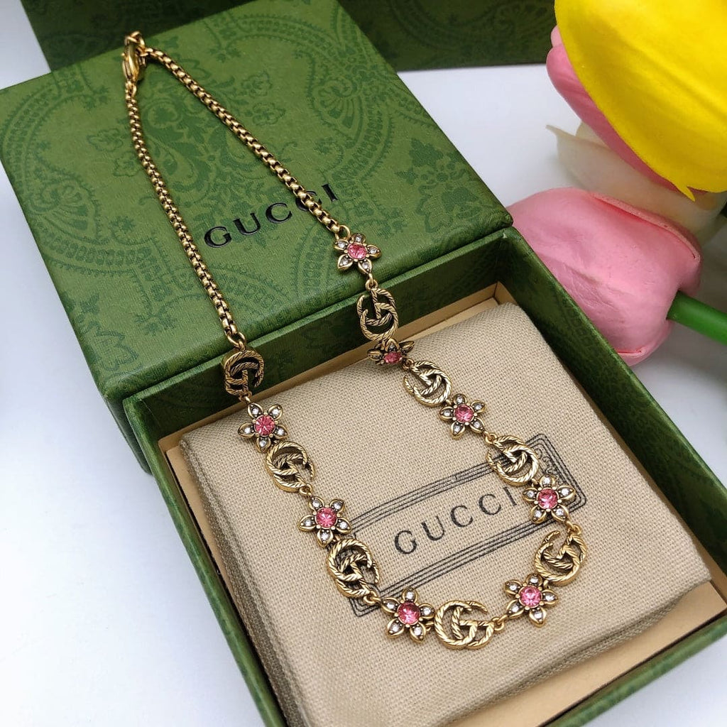 18K Gucci Double Interlocking Gucci Red Flowers Necklace