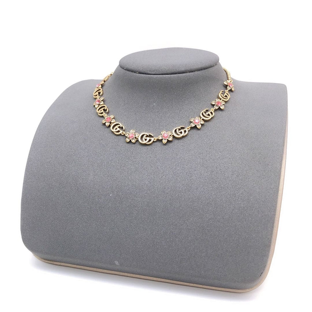 18K Gucci Double Interlocking Gucci Red Flowers Necklace