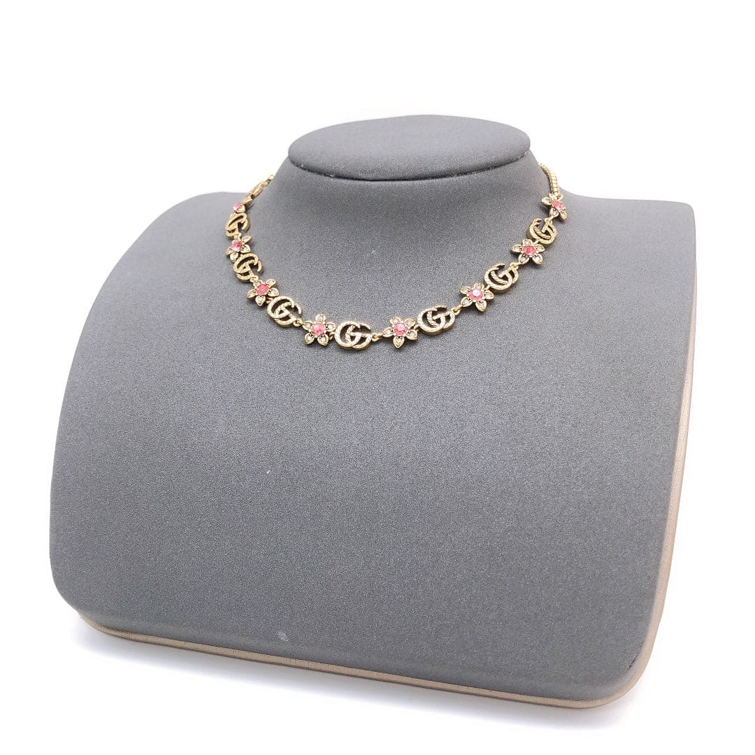 18K Gucci Double Interlocking Gucci Red Flowers Necklace