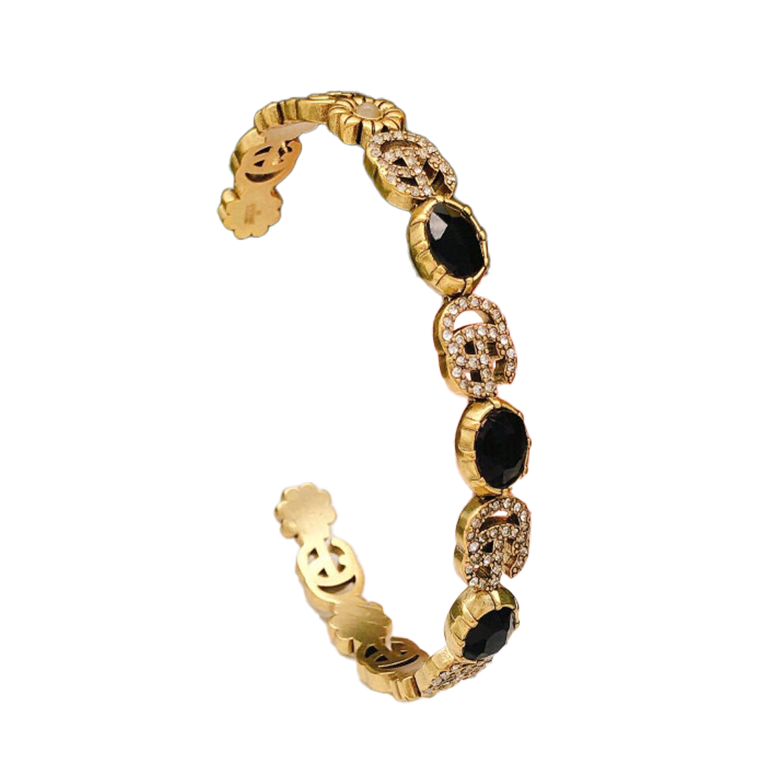 18K Gucci Double Flowers Black Crystals Open Cuff Bracelet