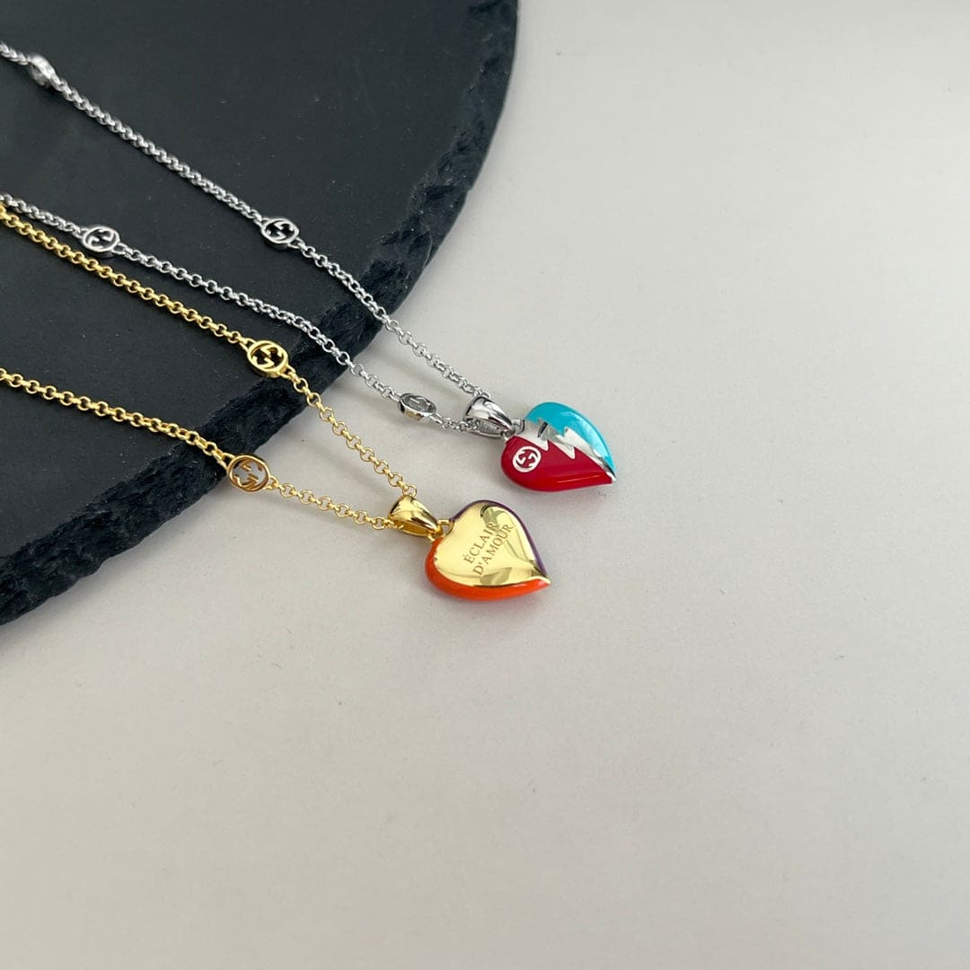 18K Gucci Double Interlocking Gucci Heart Lightning Charm Necklace