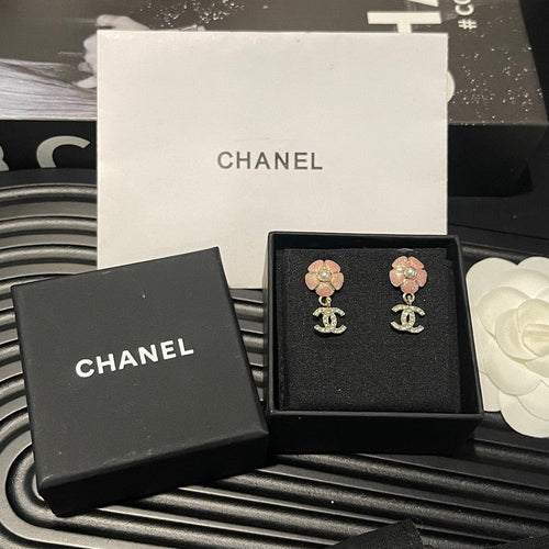 18K Chanel 26C Pink Camellia Diamond Earrings