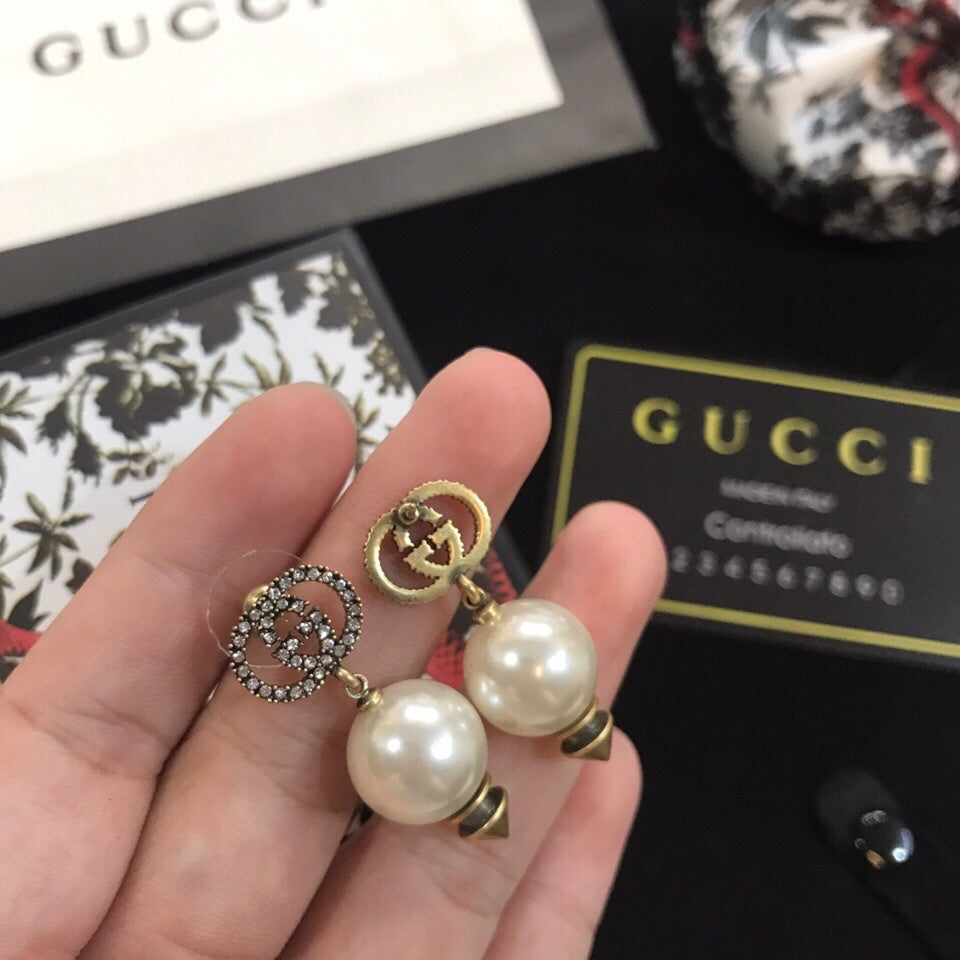 18K Gucci Double Pearl Pendant Earrings