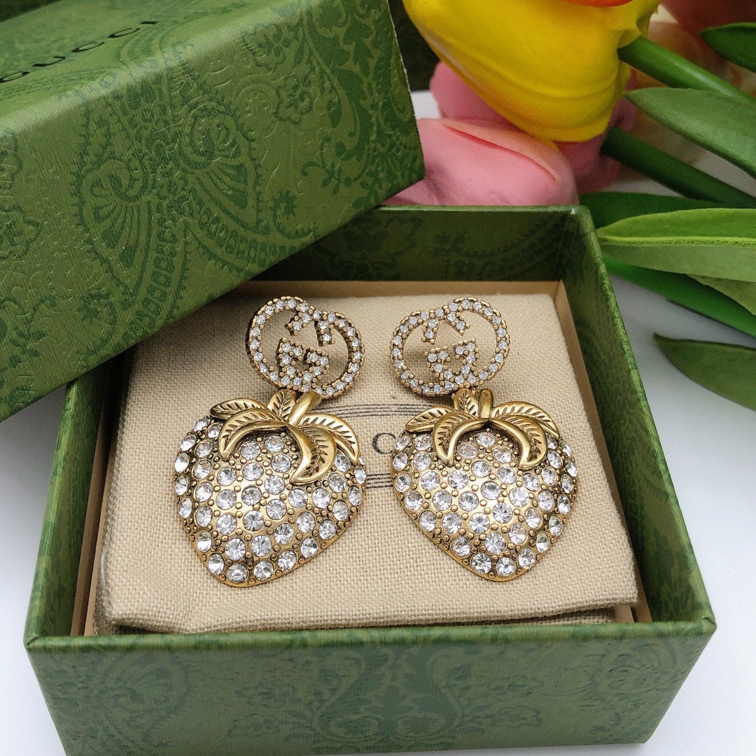 18K Gucci Double Crystal Strawberry Pendant Earrings