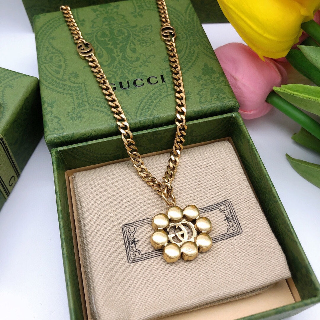 18K Gucci Double Flower Crystals Necklace