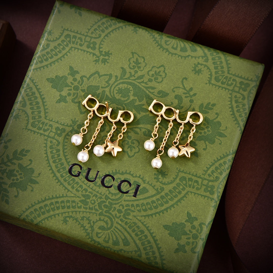 18K Gucci Double Script Pearl Earrings