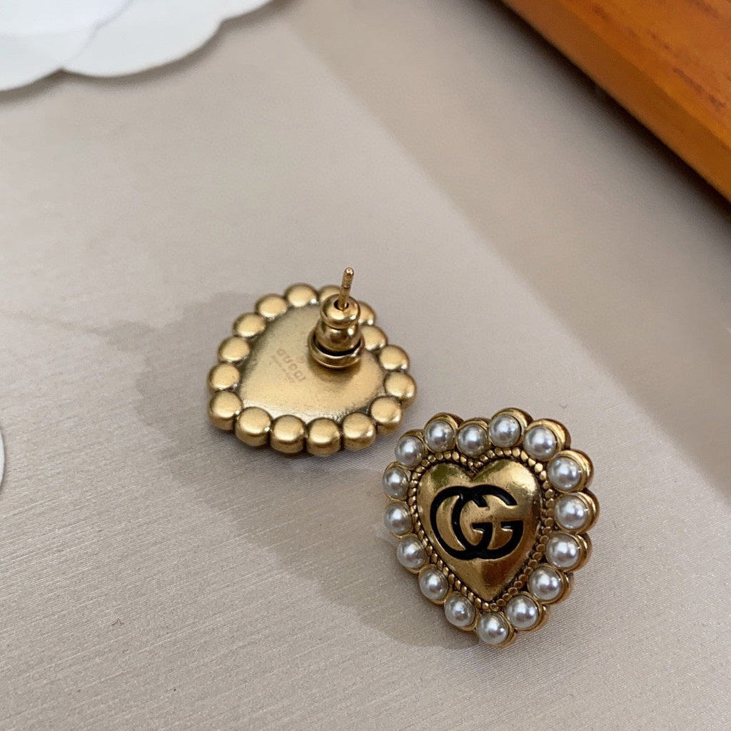 18K Gucci Double Heart Pearl Earrings