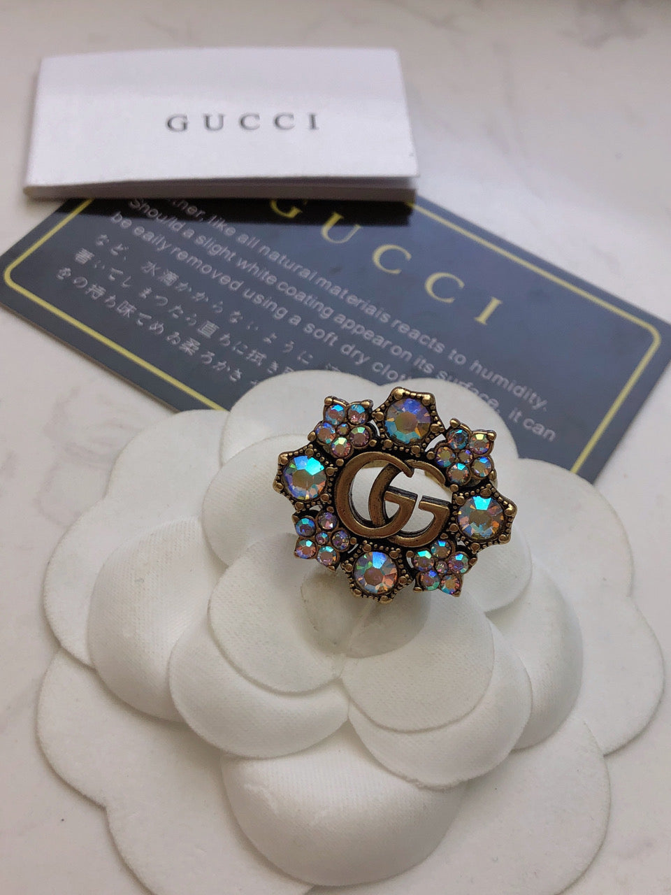 18K Gucci Double Crystal Flower Ring