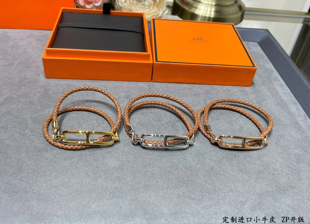 18K Hermes Roulis Double Tour Brown Bracelet