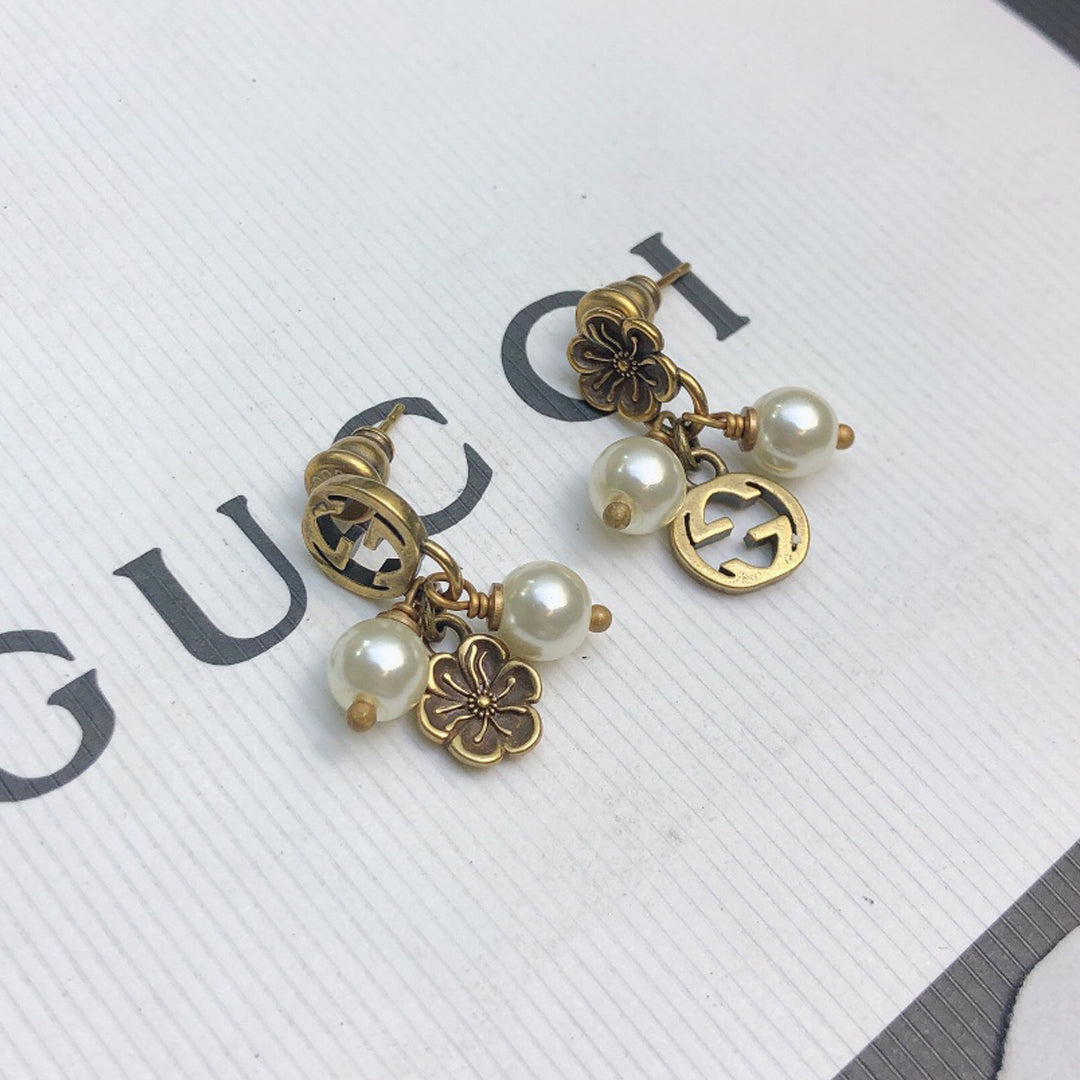 18K Gucci Double Flower & Pearl Pendant Earrings